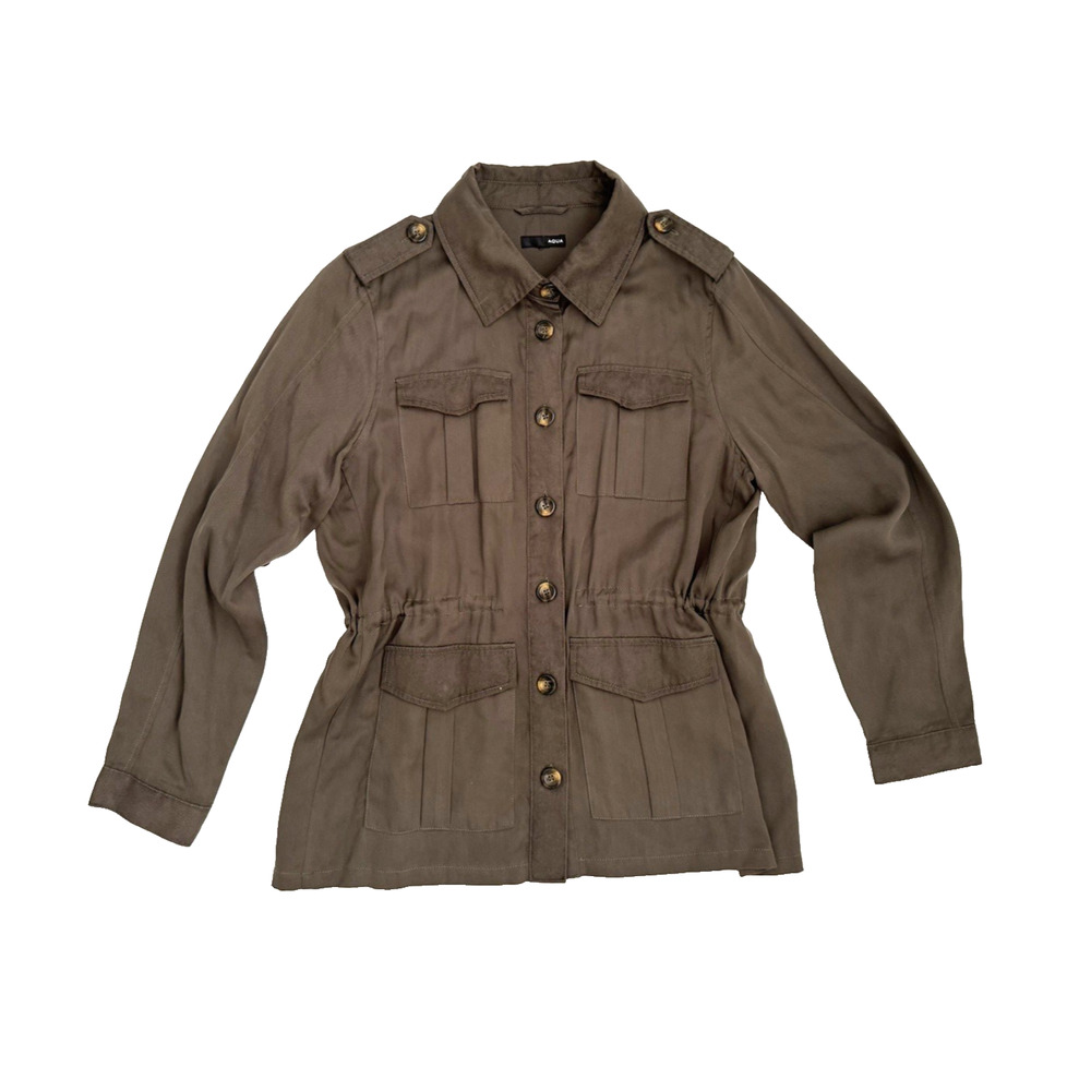 Aqua Jacket L Dark-Olive Safari Military Epaulettes Button-Front Mid-Length